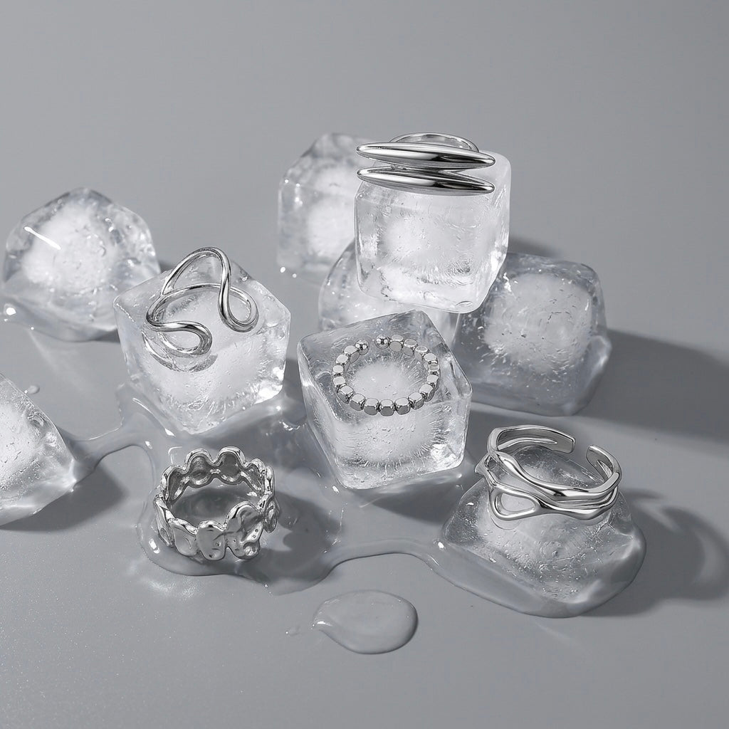 Silver statement geometric rings displayed on melting ice cubes